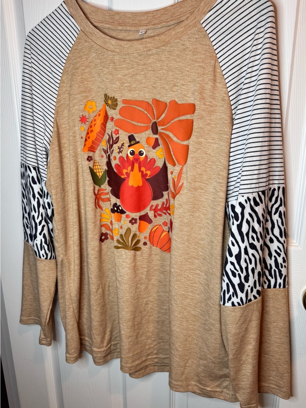 Ladies Beige Raglan Long Sleeve Tee with Turkey Graphic
